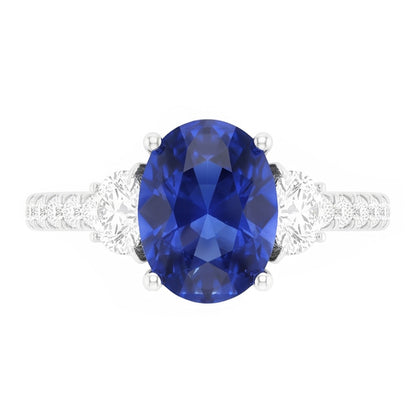 Natural Real ( Not Lab Grown )  3 Stone Style Ring Oval Blue Sapphire 6.75 Carats Genuine White Gold