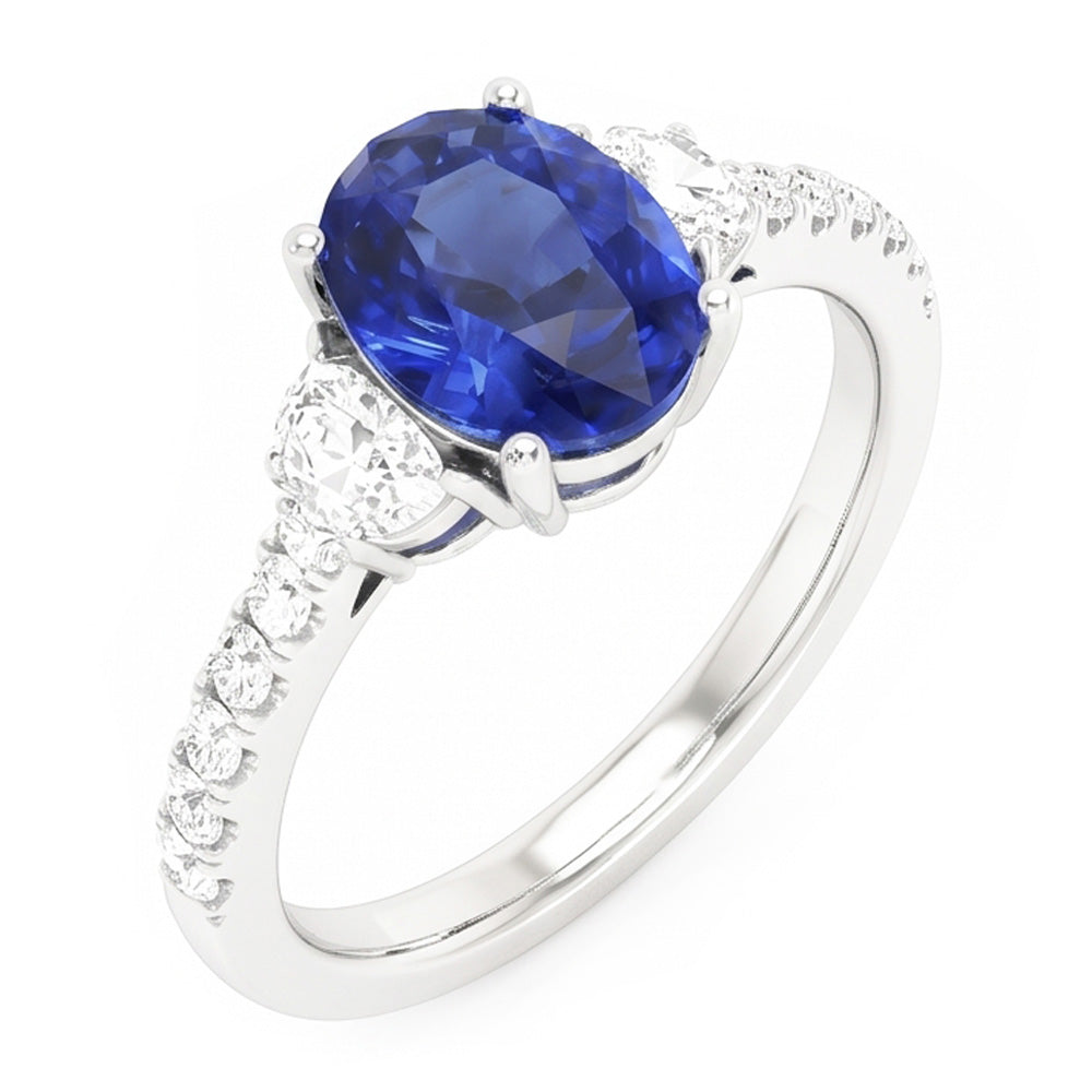 Natural Real ( Not Lab Grown )  3 Stone Style Ring Oval Blue Sapphire 6.75 Carats Genuine White Gold