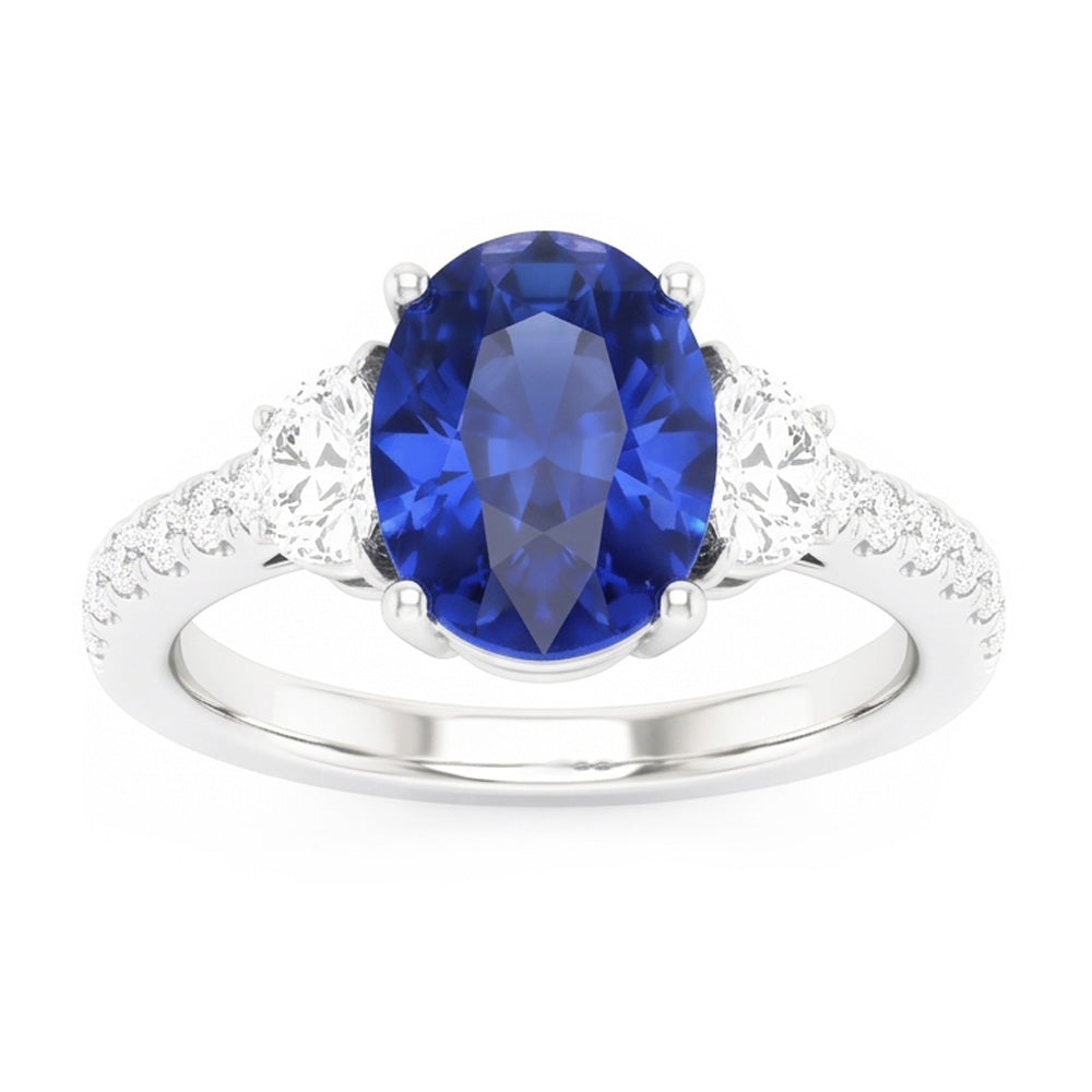 Natural Real ( Not Lab Grown )  3 Stone Style Ring Oval Blue Sapphire 6.75 Carats Genuine White Gold