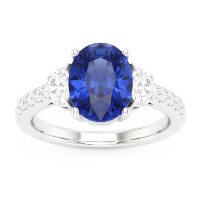 Natural Real ( Not Lab Grown )  3 Stone Style Ring Oval Blue Sapphire 6.75 Carats Genuine White Gold