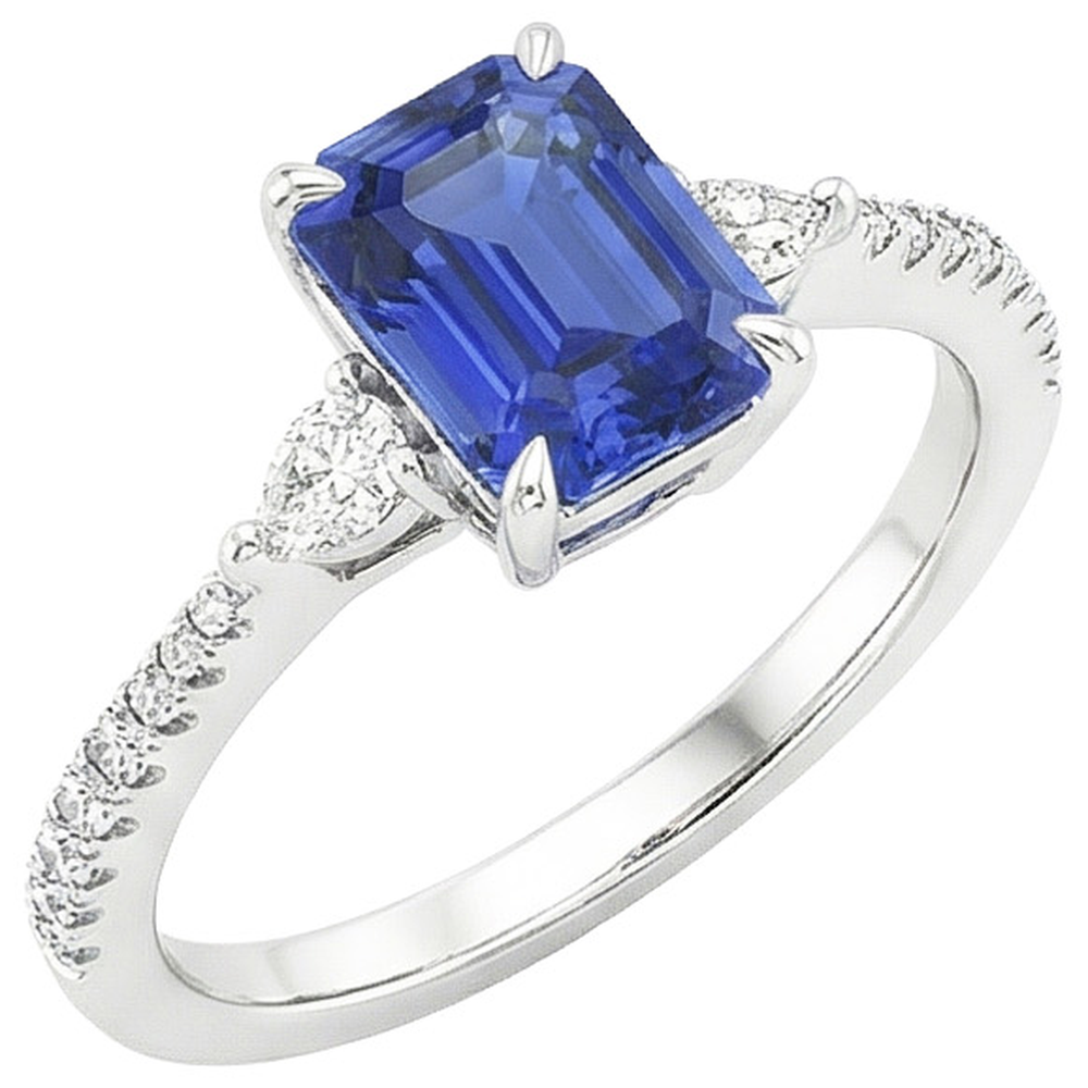 Natural Real ( Not Lab Grown )  3 Stones Ring With Accents Emerald Blue Sapphire & Pear 4.50 Carats