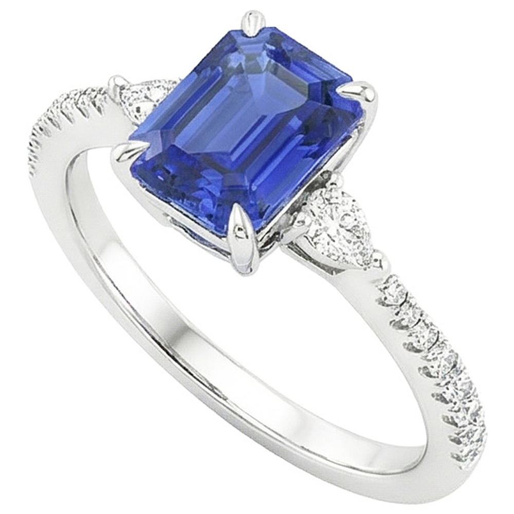 Natural Real ( Not Lab Grown )  3 Stones Ring With Accents Emerald Blue Sapphire & Pear 4.50 Carats