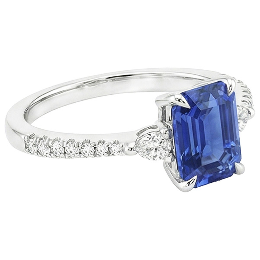 Natural Real ( Not Lab Grown )  3 Stones Ring With Accents Emerald Blue Sapphire & Pear 4.50 Carats