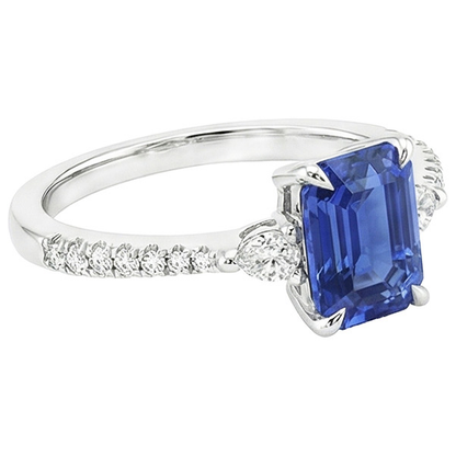 Natural Real ( Not Lab Grown )  3 Stones Ring With Accents Emerald Blue Sapphire & Pear 4.50 Carats