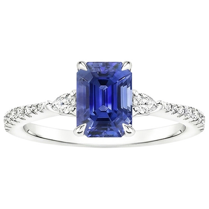 Natural Real ( Not Lab Grown )  3 Stones Ring With Accents Emerald Blue Sapphire & Pear 4.50 Carats