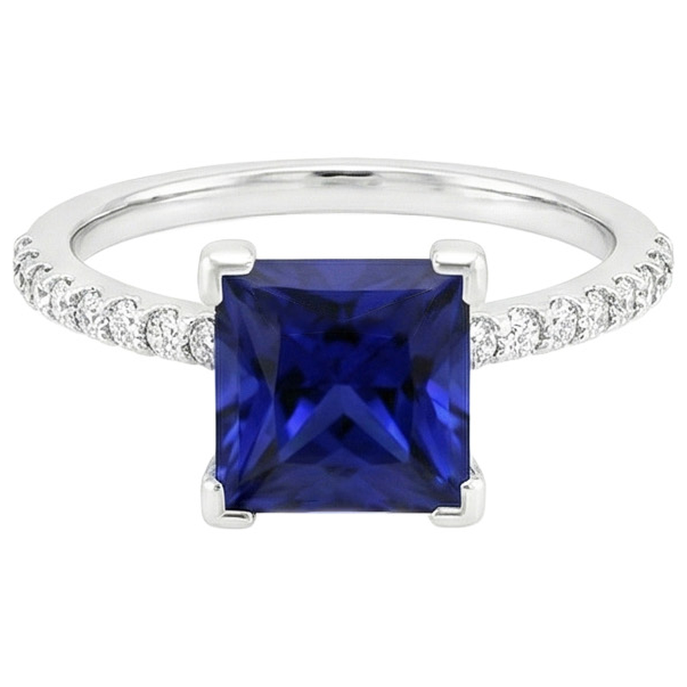 Natural Real ( Not Lab Grown )  5.50 Carats Solitaire Princess Blue Sapphire With Accents Pave Setting
