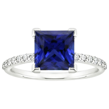 Natural Real ( Not Lab Grown )  5.50 Carats Solitaire Princess Blue Sapphire With Accents Pave Setting