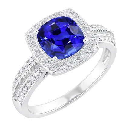 Natural Real ( Not Lab Grown )  5 Carat Cushion Halo Sapphire Ring