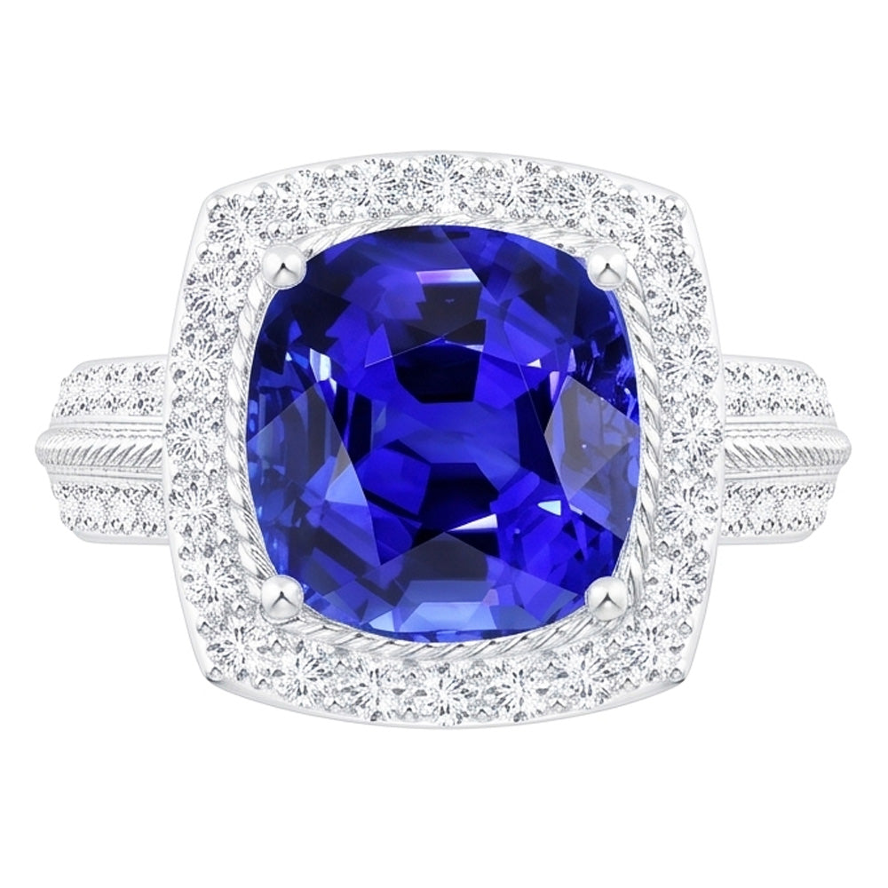 Natural Real ( Not Lab Grown )  5 Carat Cushion Halo Sapphire Ring