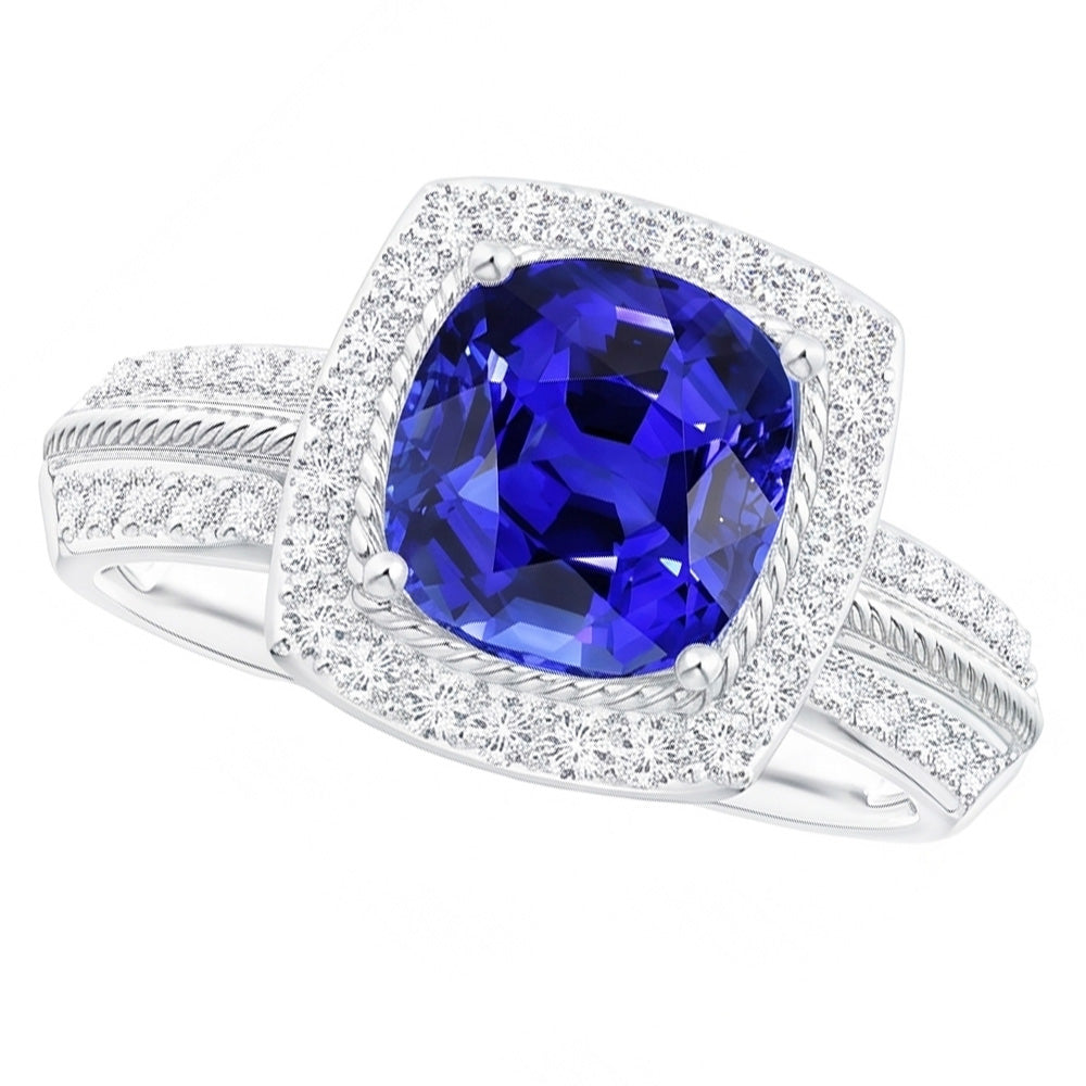 Natural Real ( Not Lab Grown )  5 Carat Cushion Halo Sapphire Ring