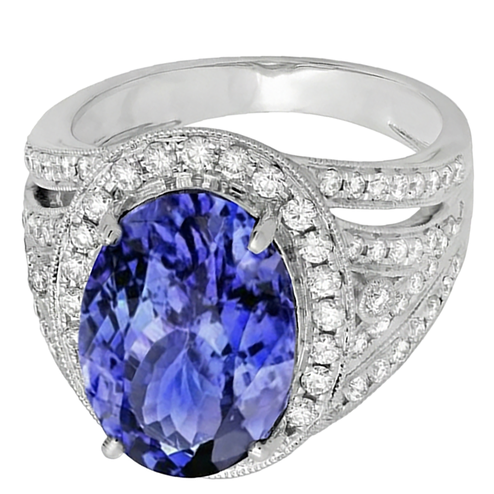 Natural Real ( Not Lab Grown )  6.55 Carats Centre Oval Tanzanite Fancy Statement Ring White Gold 14K