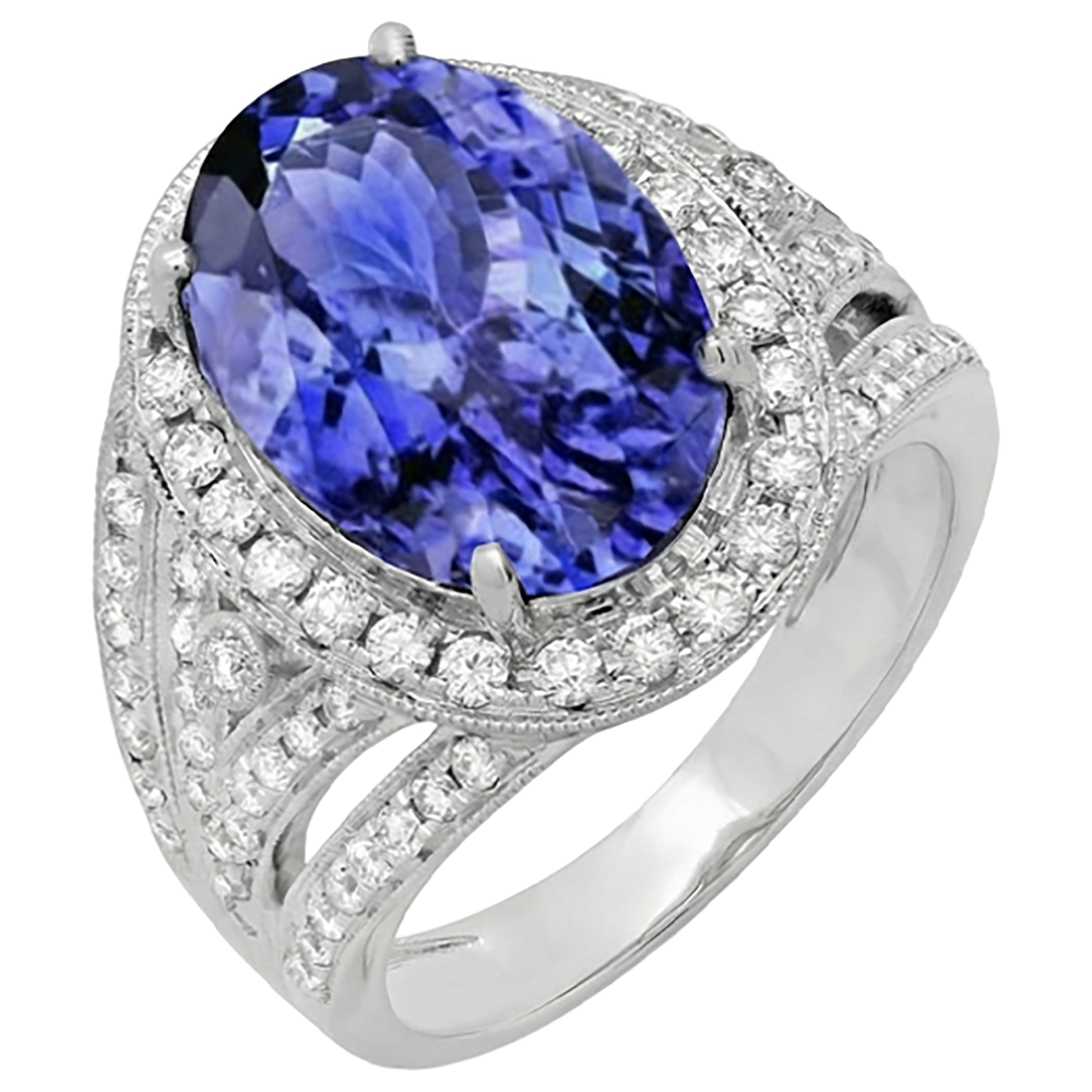 Natural Real ( Not Lab Grown )  6.55 Carats Centre Oval Tanzanite Fancy Statement Ring White Gold 14K