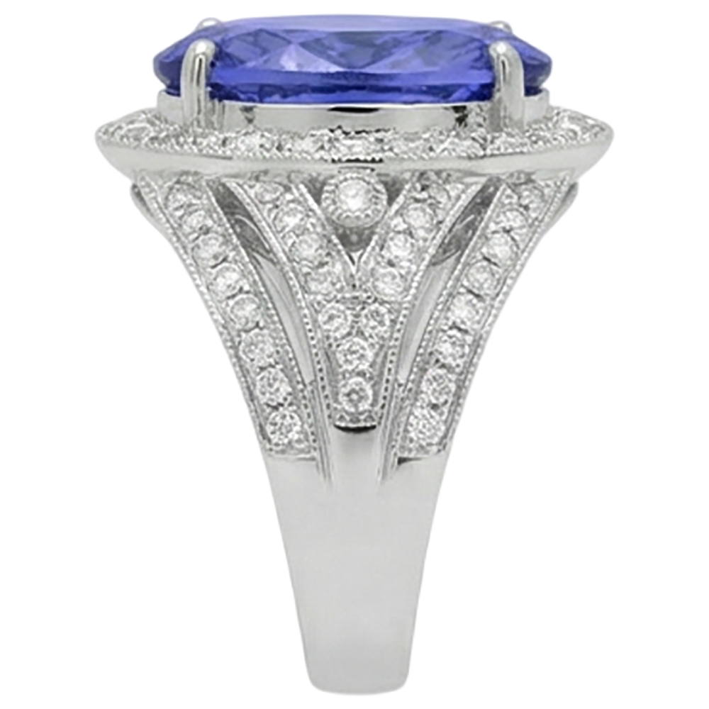 Natural Real ( Not Lab Grown )  6.55 Carats Centre Oval Tanzanite Fancy Statement Ring White Gold 14K