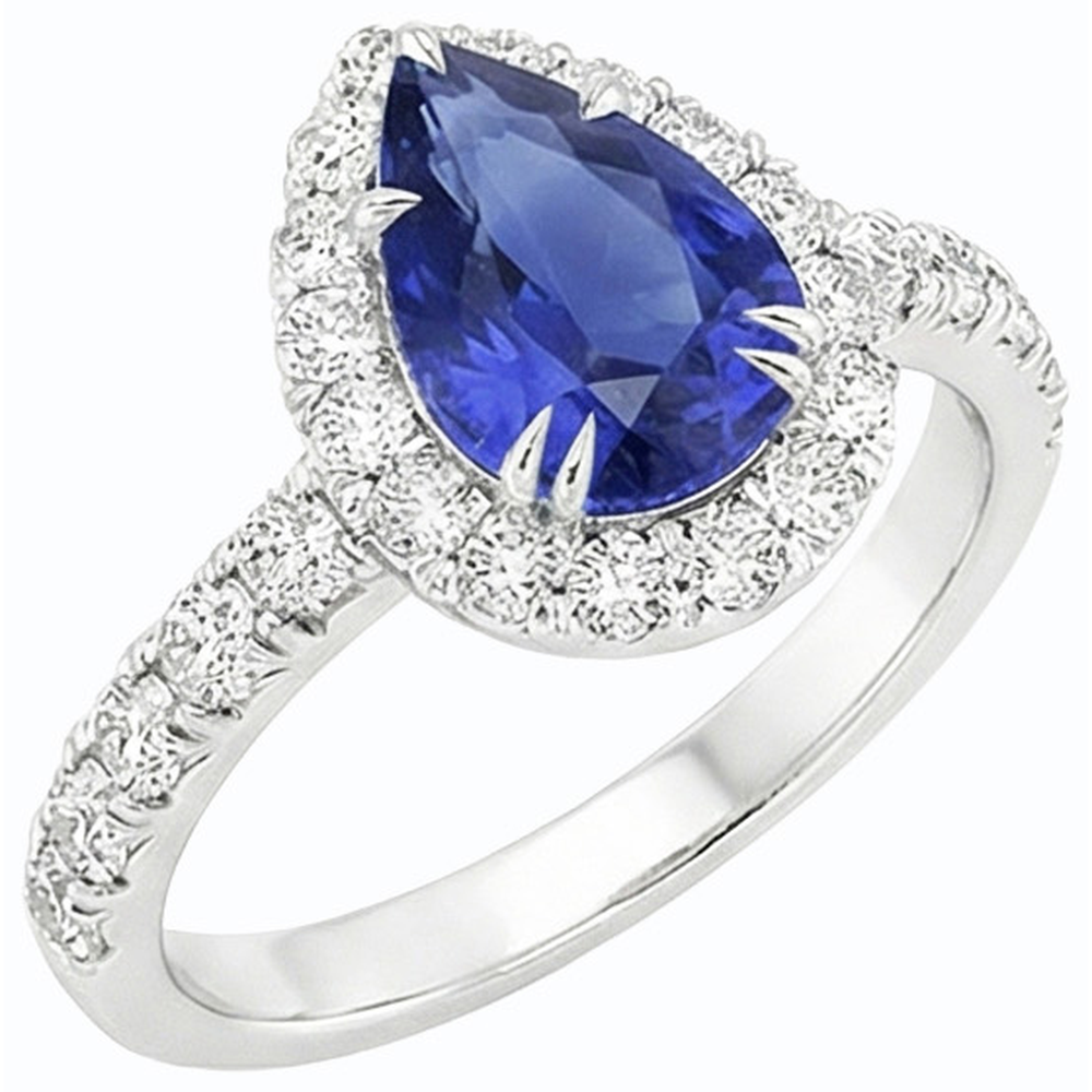 Natural Real ( Not Lab Grown )  Anniversary Halo Blue Sapphire Ring 4.50 Carats & Pave Set Pear