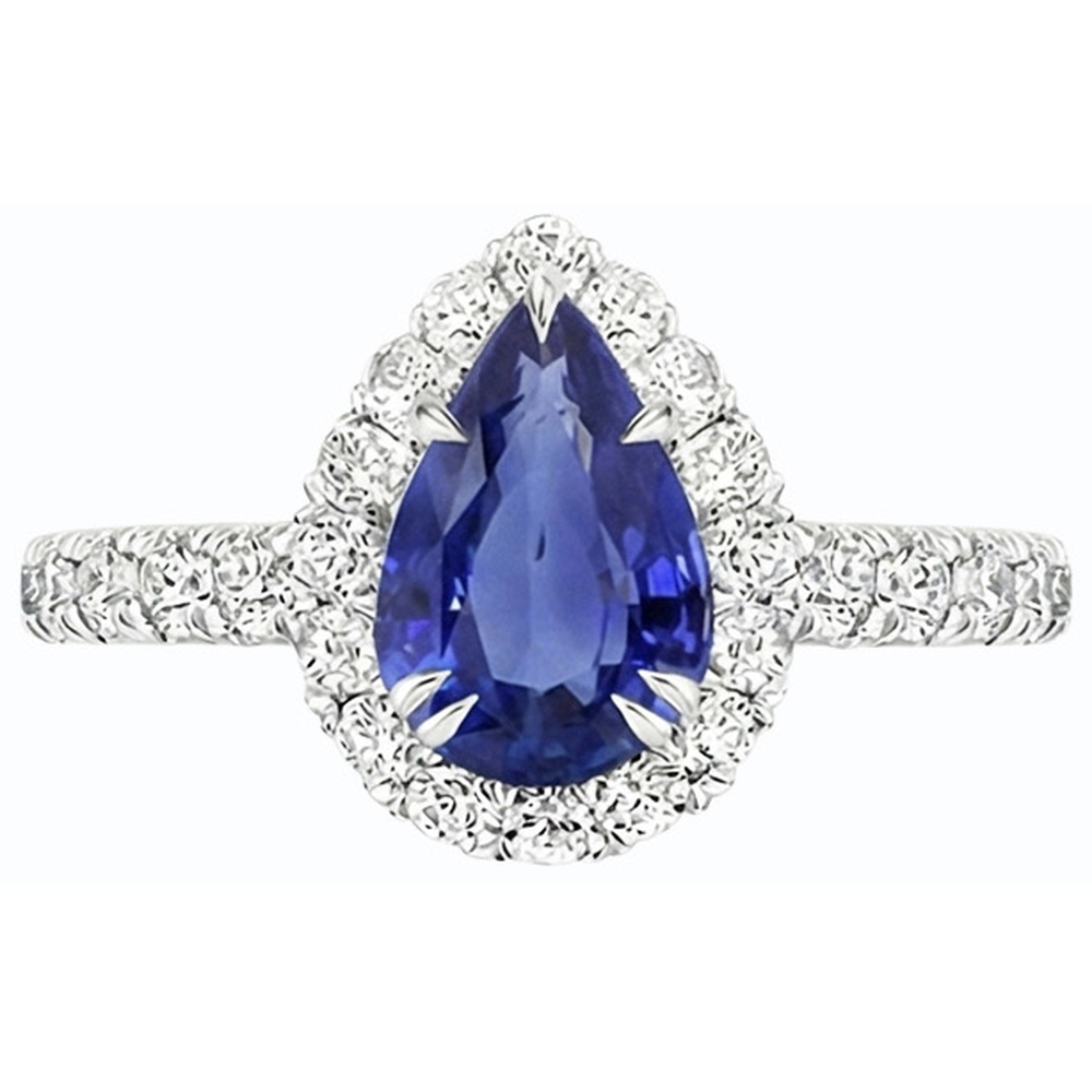 Natural Real ( Not Lab Grown )  Anniversary Halo Blue Sapphire Ring 4.50 Carats & Pave Set Pear