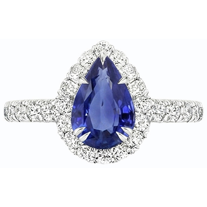Natural Real ( Not Lab Grown )  Anniversary Halo Blue Sapphire Ring 4.50 Carats & Pave Set Pear