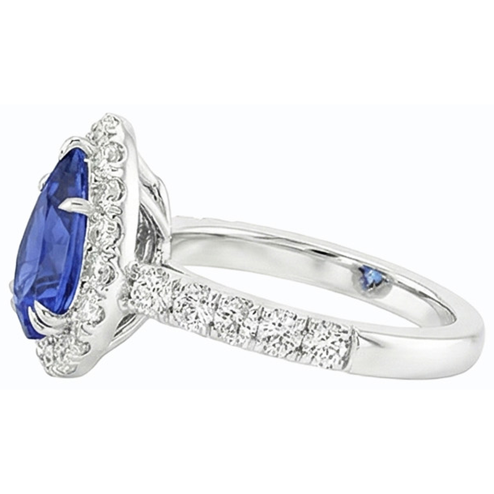 Natural Real ( Not Lab Grown )  Anniversary Halo Blue Sapphire Ring 4.50 Carats & Pave Set Pear
