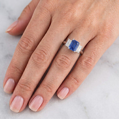 Natural Real ( Not Lab Grown )  Anniversary Ring 3 Stone 2.50 Carats Ceylon Sapphire Basket Setting