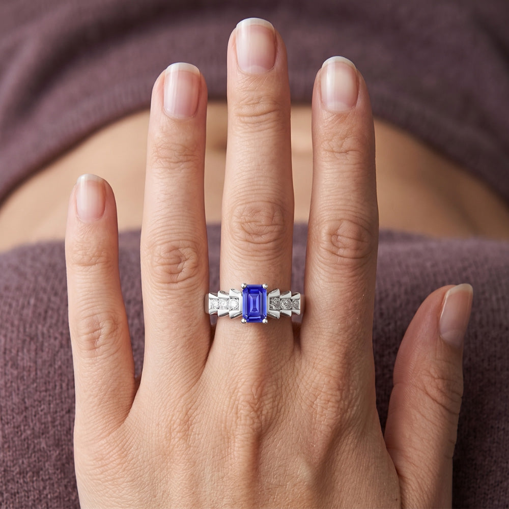 Natural Real ( Not Lab Grown )  Anniversary Ring Emerald Light Blue Sapphire 2 Carats Pleated Style