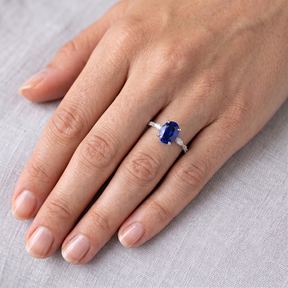 Natural Real ( Not Lab Grown )  Anniversary Ring Oval Blue Sapphire Solitaire With Accents 3.50 Carats