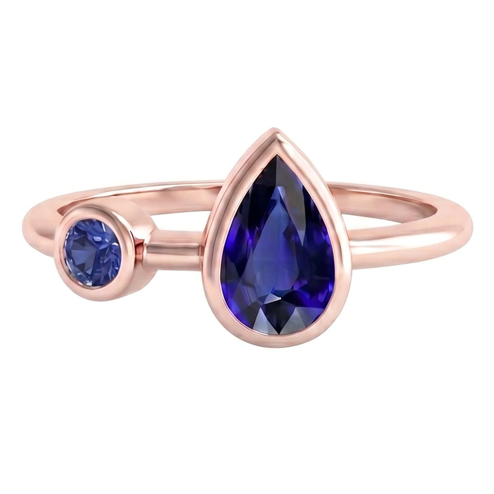 Natural Real ( Not Lab Grown )  Anniversary Ring Round & Pear Blue Sapphires 2.25 Carats 14K Rose Gold