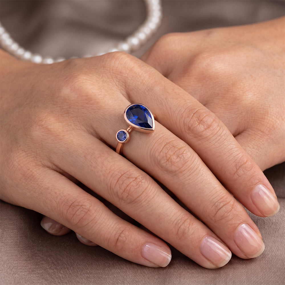 Natural Real ( Not Lab Grown )  Anniversary Ring Round & Pear Blue Sapphires 2.25 Carats 14K Rose Gold