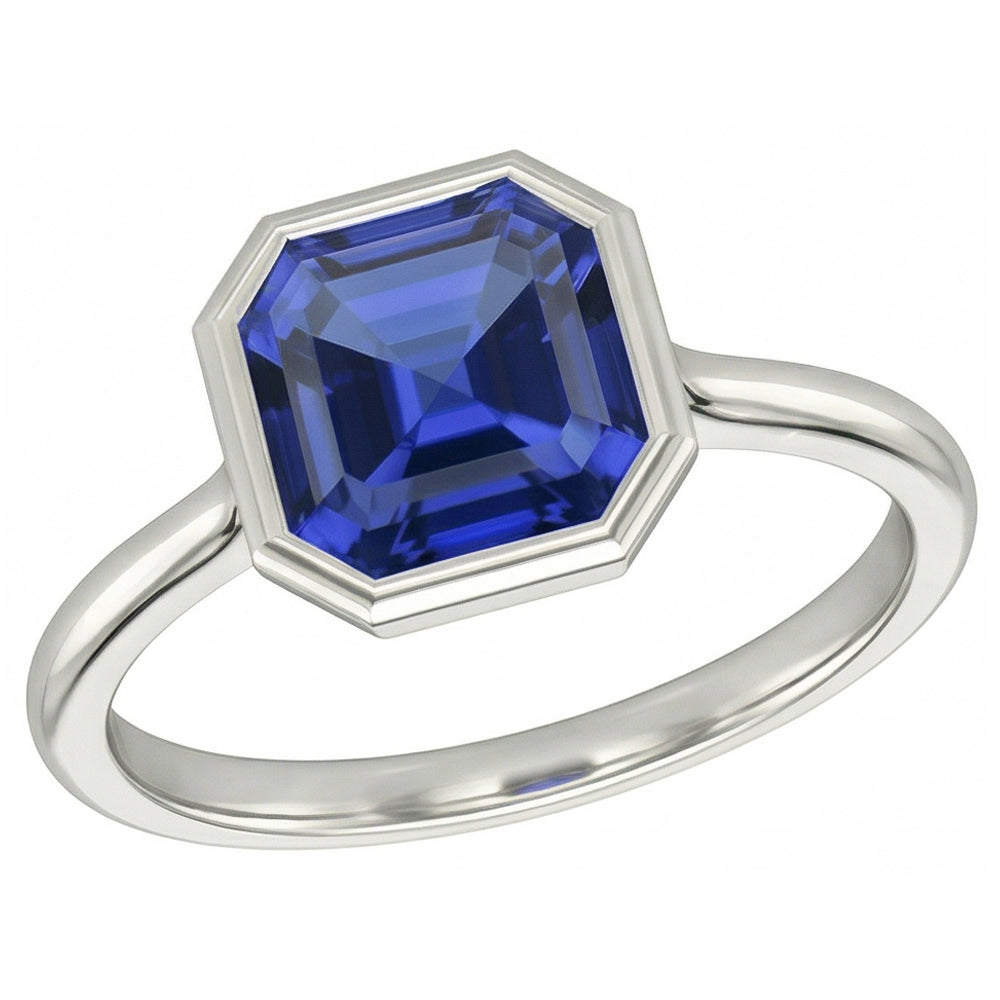 Natural Real ( Not Lab Grown )  Bezel Set Asscher Sapphire Ring For Women