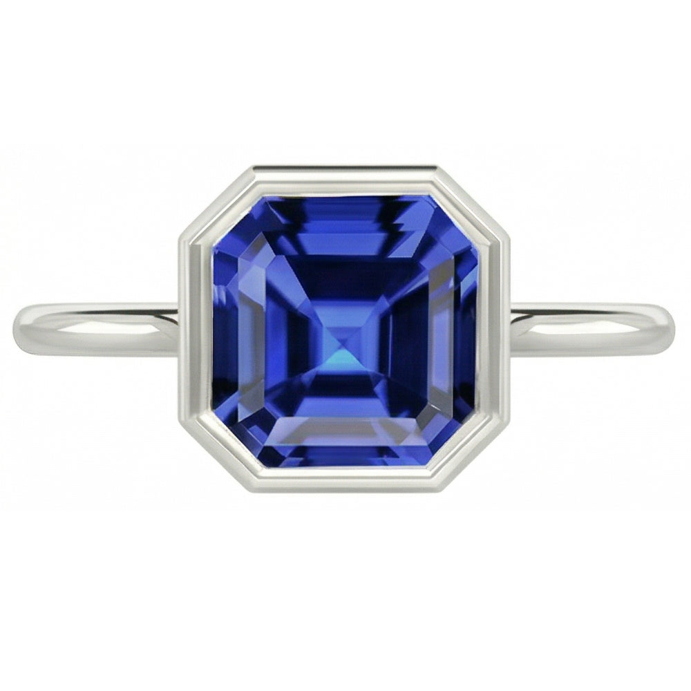 Natural Real ( Not Lab Grown )  Bezel Set Asscher Sapphire Ring For Women