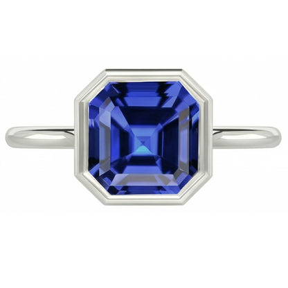 Natural Real ( Not Lab Grown )  Bezel Set Asscher Sapphire Ring For Women