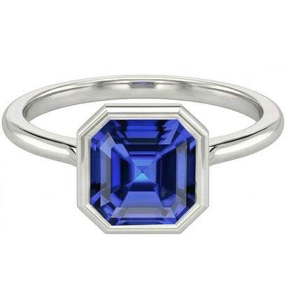 Natural Real ( Not Lab Grown )  Bezel Set Asscher Sapphire Ring For Women