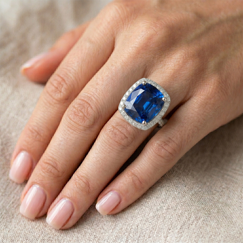 Natural Real ( Not Lab Grown )  Biggest Cushion Sapphire Halo Ring Sri Lanka