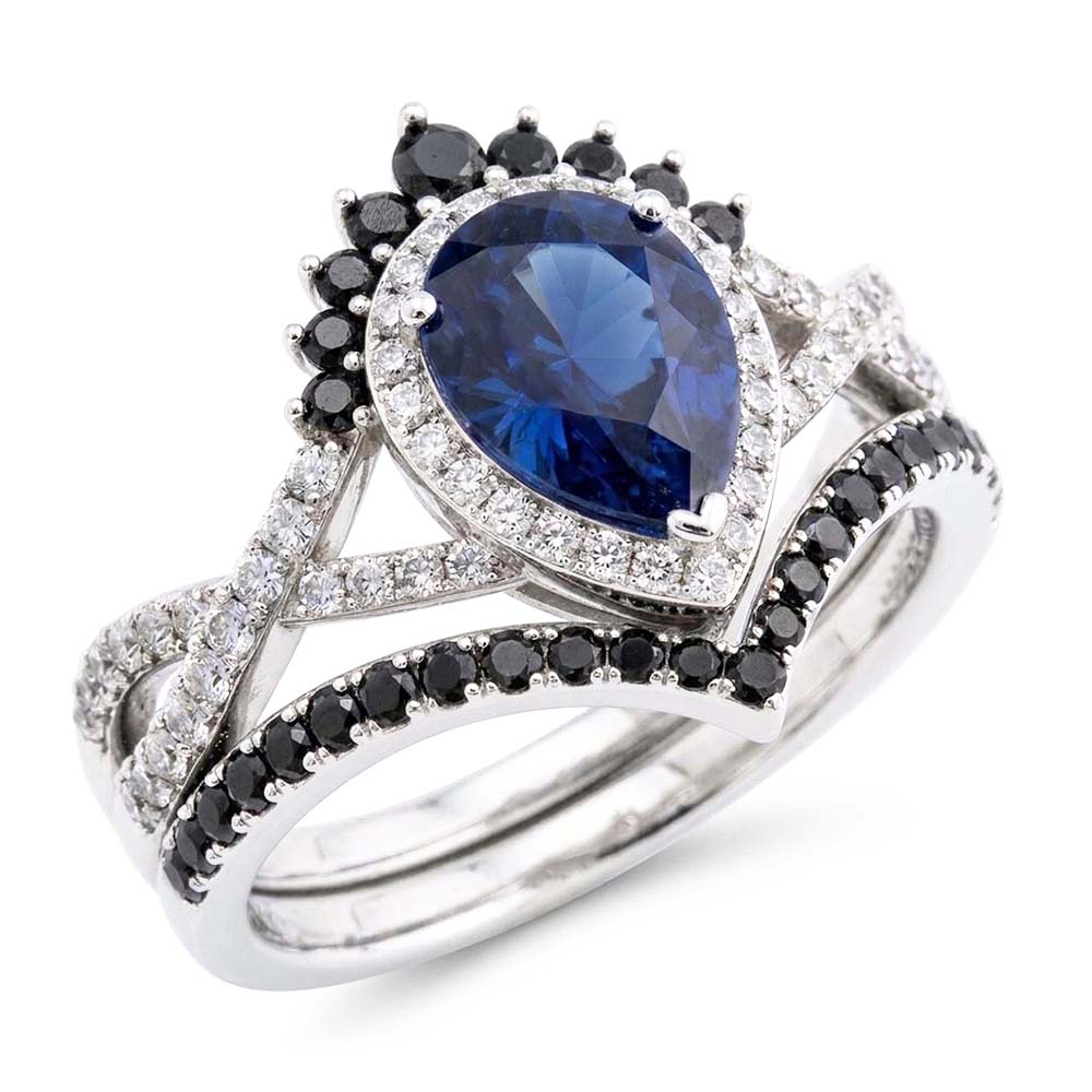 Natural Real ( Not Lab Grown )  Black Diamond Halo Sapphire Ring 4 Ct Set With Enhancer