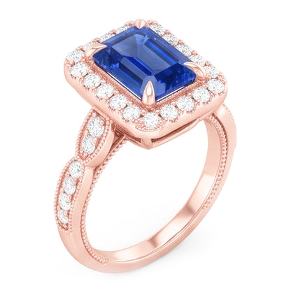 Natural Real ( Not Lab Grown )  Blue Sapphire Engagement Ring 3 Carats Emerald Cut Rose Gold Milgrain