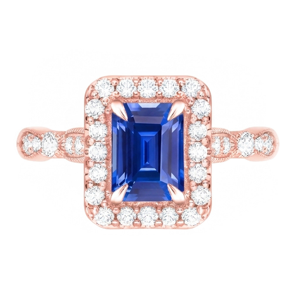 Natural Real ( Not Lab Grown )  Blue Sapphire Engagement Ring 3 Carats Emerald Cut Rose Gold Milgrain