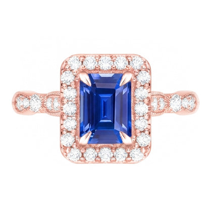 Natural Real ( Not Lab Grown )  Blue Sapphire Engagement Ring 3 Carats Emerald Cut Rose Gold Milgrain