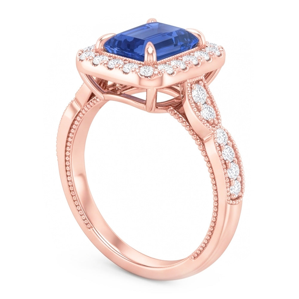 Natural Real ( Not Lab Grown )  Blue Sapphire Engagement Ring 3 Carats Emerald Cut Rose Gold Milgrain