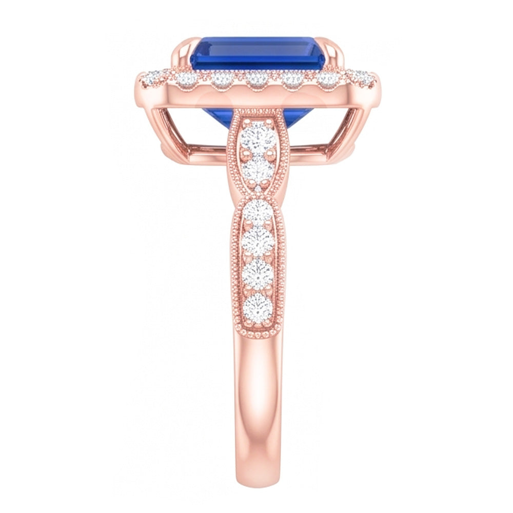 Natural Real ( Not Lab Grown )  Blue Sapphire Engagement Ring 3 Carats Emerald Cut Rose Gold Milgrain