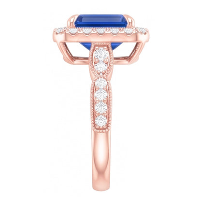 Natural Real ( Not Lab Grown )  Blue Sapphire Engagement Ring 3 Carats Emerald Cut Rose Gold Milgrain