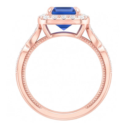 Natural Real ( Not Lab Grown )  Blue Sapphire Engagement Ring 3 Carats Emerald Cut Rose Gold Milgrain