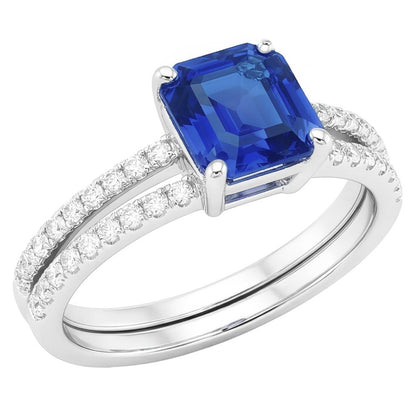 Natural Real ( Not Lab Grown )  Blue Sapphire Engagement Ring Set Asscher Cut White Gold 14K 3 Carats