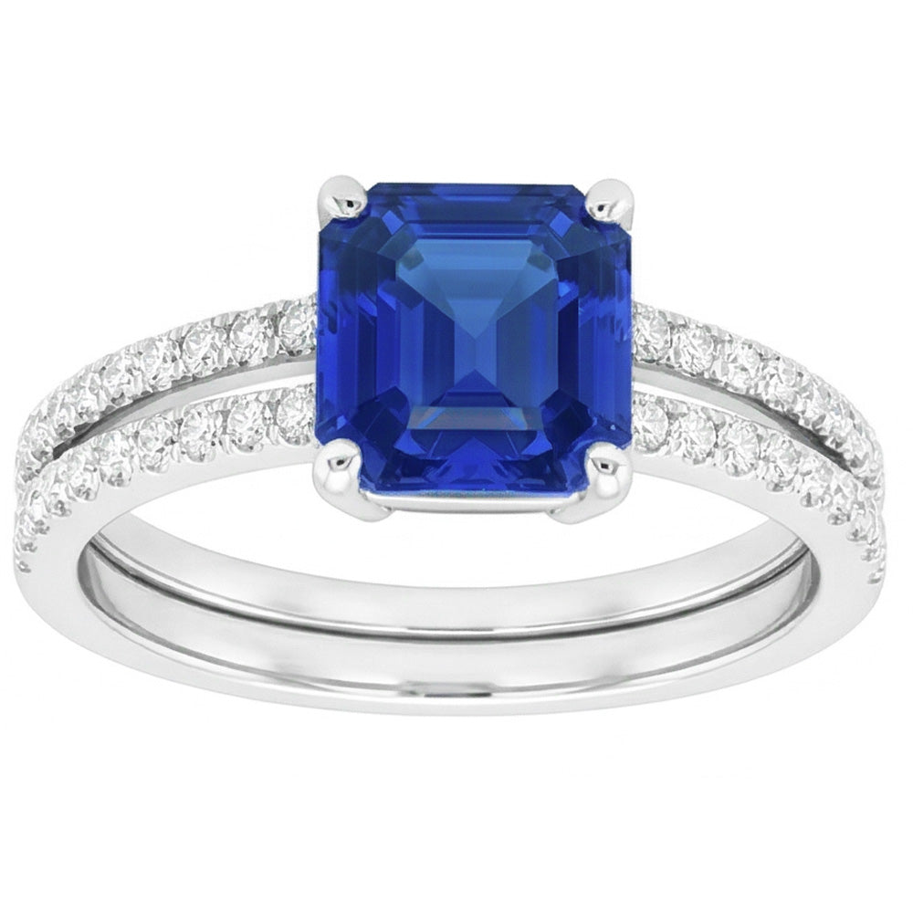 Natural Real ( Not Lab Grown )  Blue Sapphire Engagement Ring Set Asscher Cut White Gold 14K 3 Carats