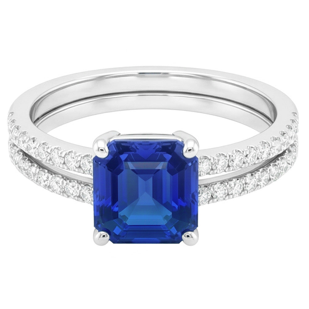 Natural Real ( Not Lab Grown )  Blue Sapphire Engagement Ring Set Asscher Cut White Gold 14K 3 Carats