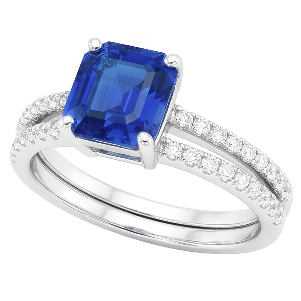 Natural Real ( Not Lab Grown )  Blue Sapphire Engagement Ring Set Asscher Cut White Gold 14K 3 Carats