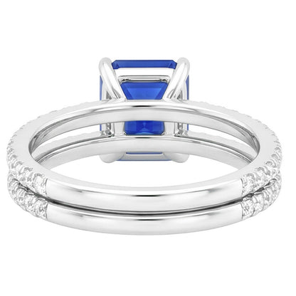 Natural Real ( Not Lab Grown )  Blue Sapphire Engagement Ring Set Asscher Cut White Gold 14K 3 Carats