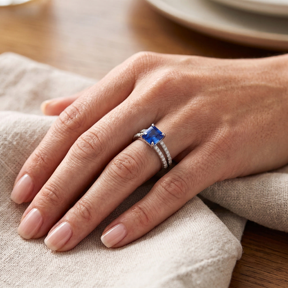 Natural Real ( Not Lab Grown )  Blue Sapphire Engagement Ring Set Asscher Cut White Gold 14K 3 Carats