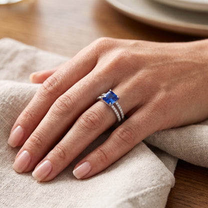 Natural Real ( Not Lab Grown )  Blue Sapphire Engagement Ring Set Asscher Cut White Gold 14K 3 Carats