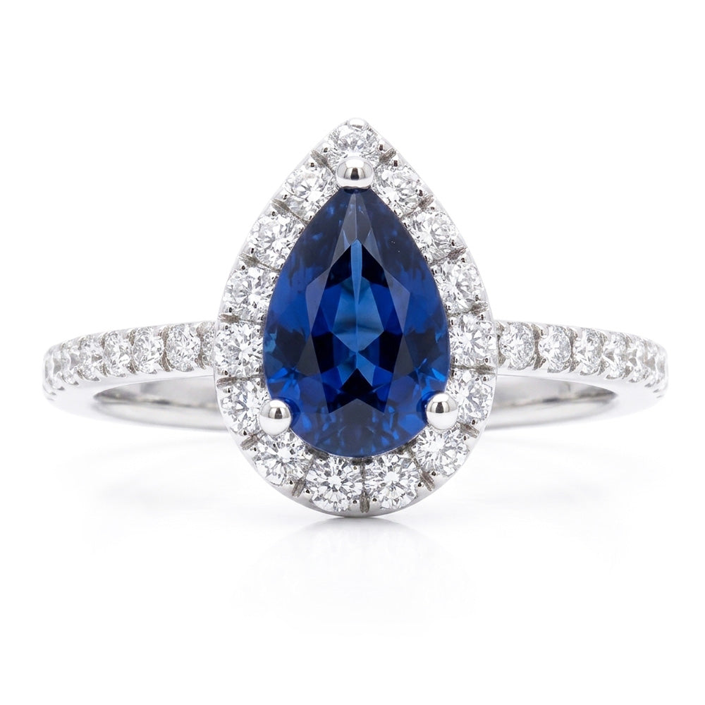 Natural Real ( Not Lab Grown )  Blue Sapphire Engagement Ring Teardrop Style White Gold 2.50 Carats