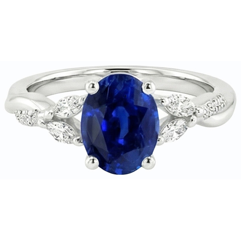 Natural Real ( Not Lab Grown )  Blue Sapphire Gemstone Ring With Marquise & Round Accents 4.50 Carats