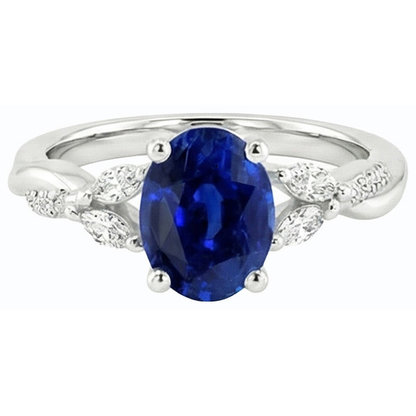 Natural Real ( Not Lab Grown )  Blue Sapphire Gemstone Ring With Marquise & Round Accents 4.50 Carats
