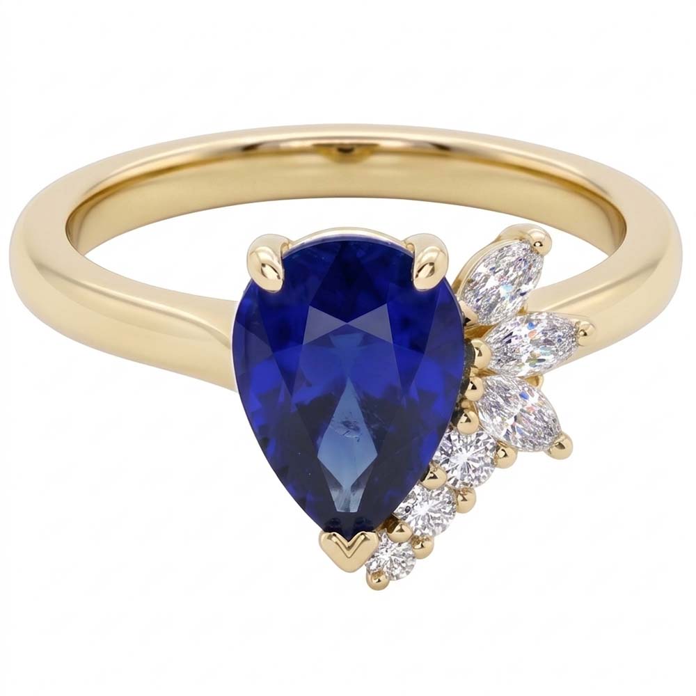 Natural Real ( Not Lab Grown )  Blue Sapphire Gemstone Ring With Round & Marquise Accents 2.50 Carats
